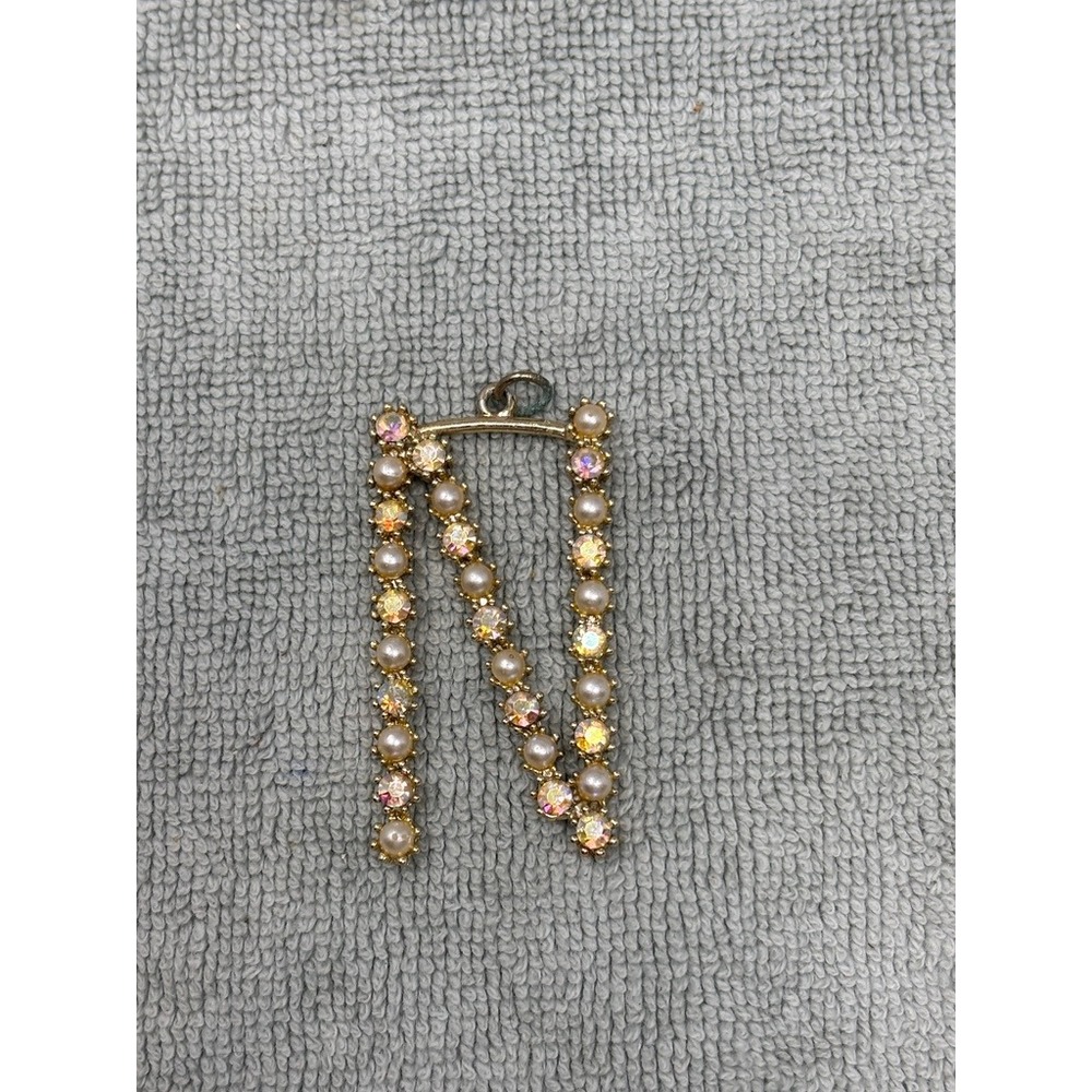 Vintage Gold Tone Letter N Pendant Aurora Borealis Rhinestone Faux Pearl Initial